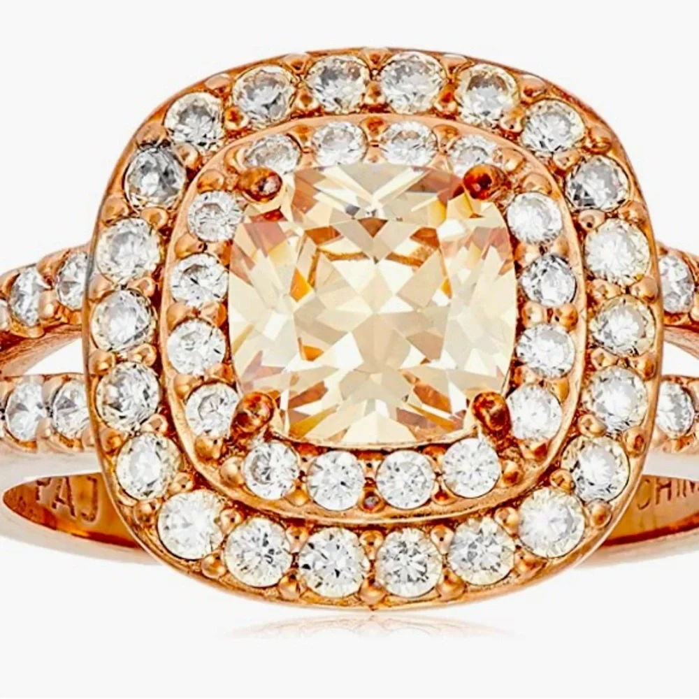 14K Rose Gold Plated Sterling Cushion Cut Champaign Cubic Zirconia Double Halo